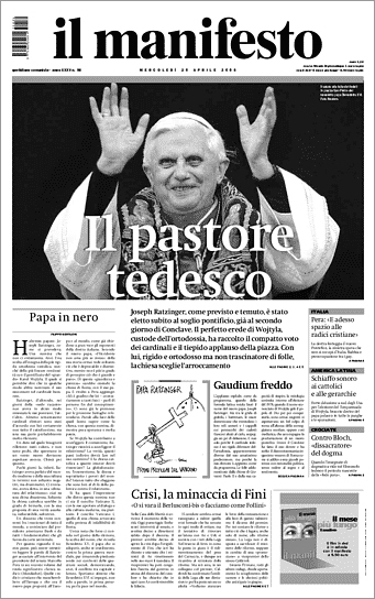 la prima pagine de Il Manifesto dopo l'elezione di Ratzinger a papa